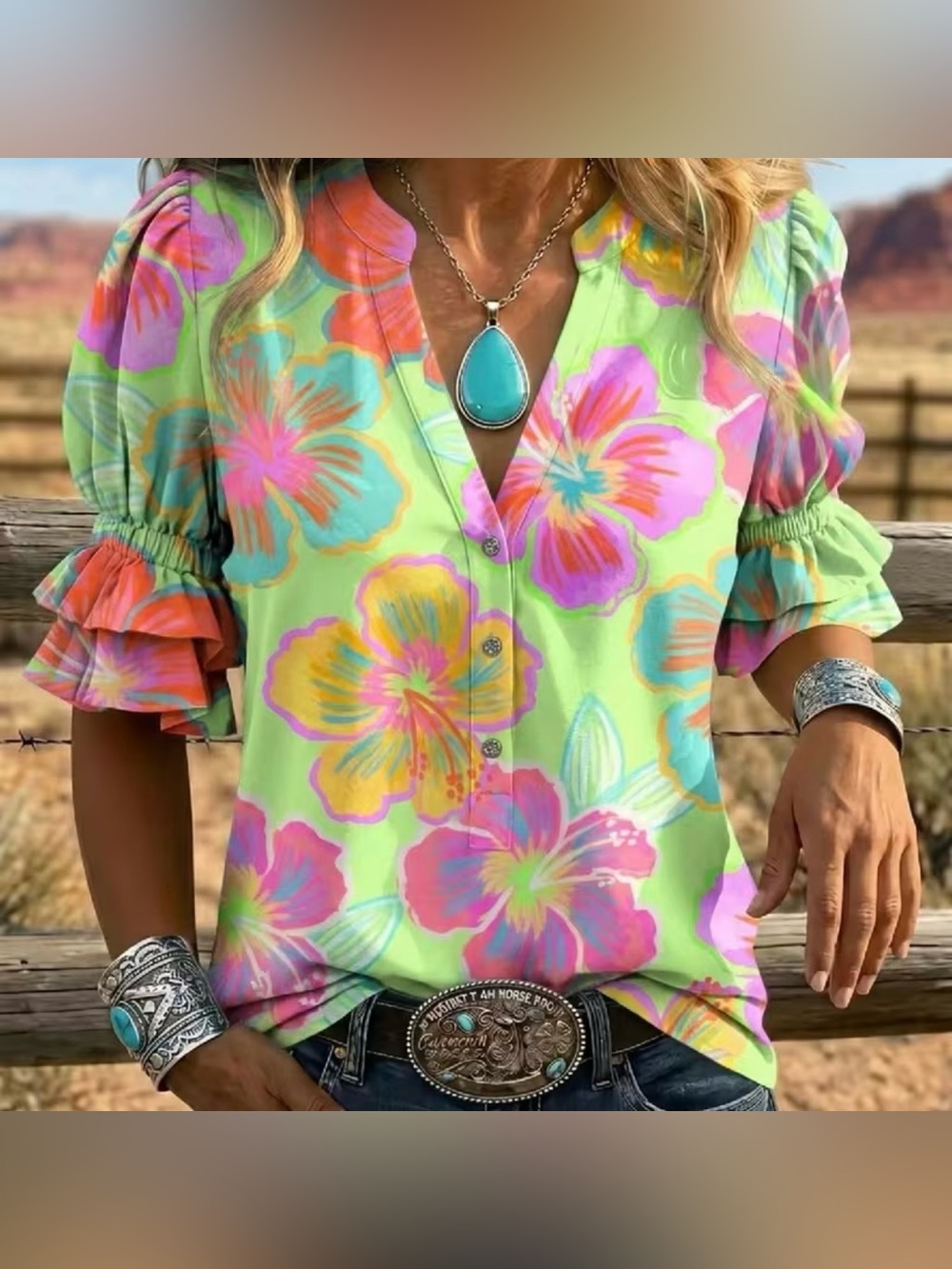 Floral V-Neck Button Front Blouse - Lime Green & Pink Multi with Hibiscus flower